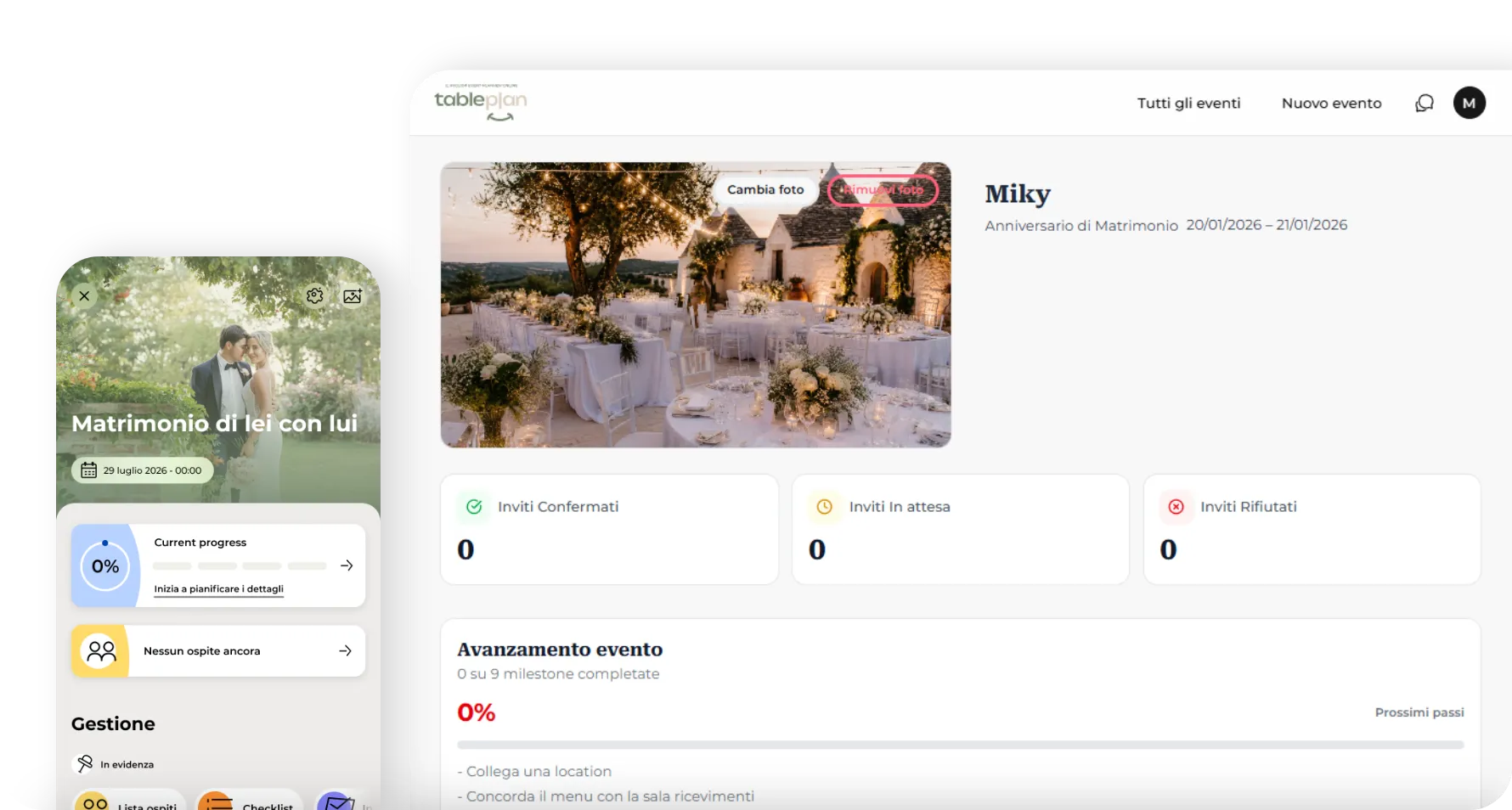 La dashboard TablePlan sul desktop accanto all'app mobile