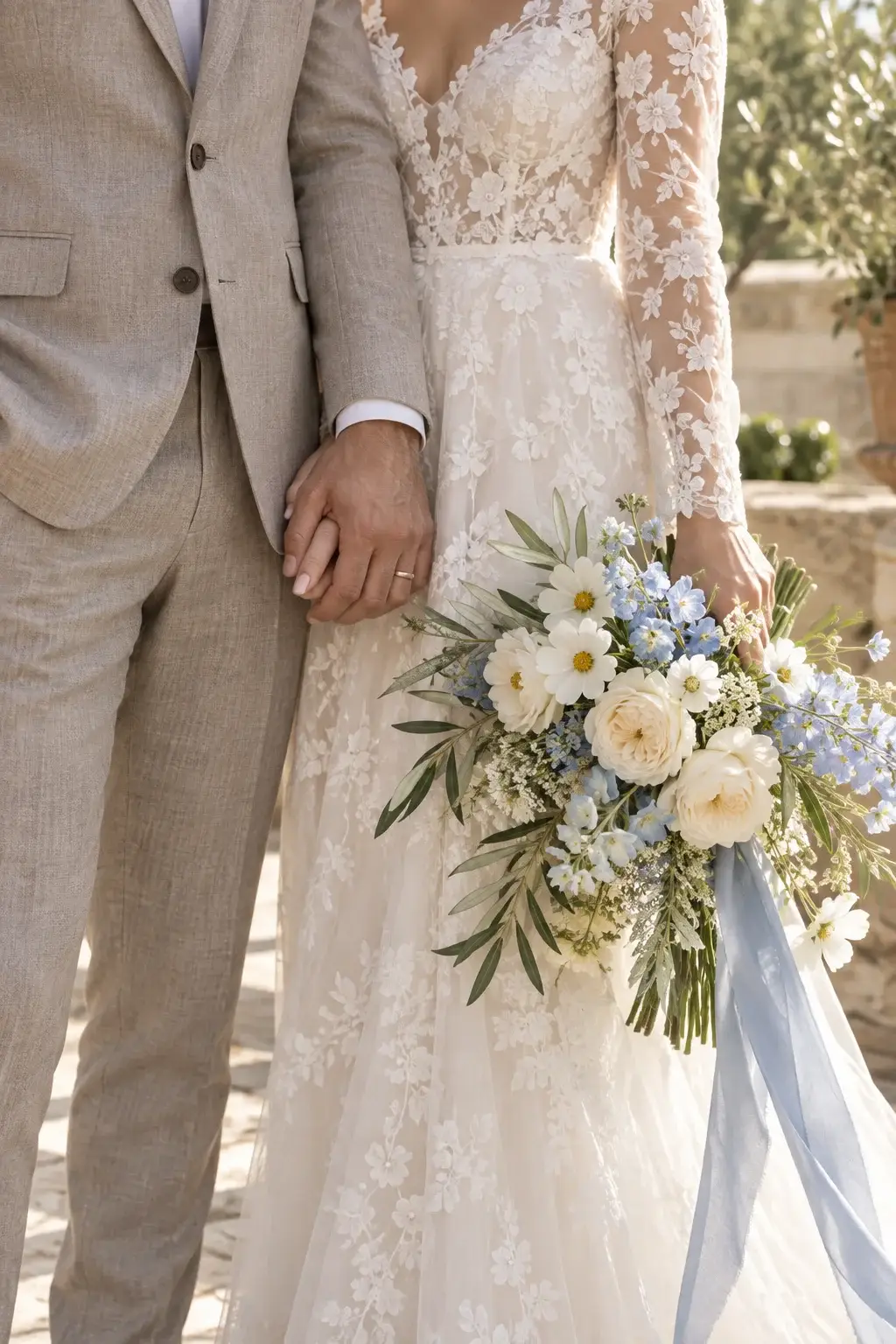 Sposi mano nella mano con il bouquet