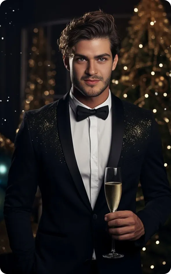 Uomo in smoking con calice a una festa elegante