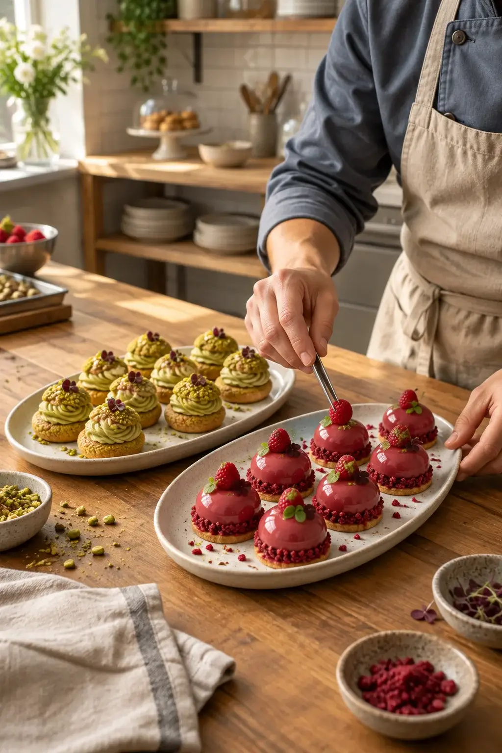 Pasticcere che decora vassoi di dolci mignon