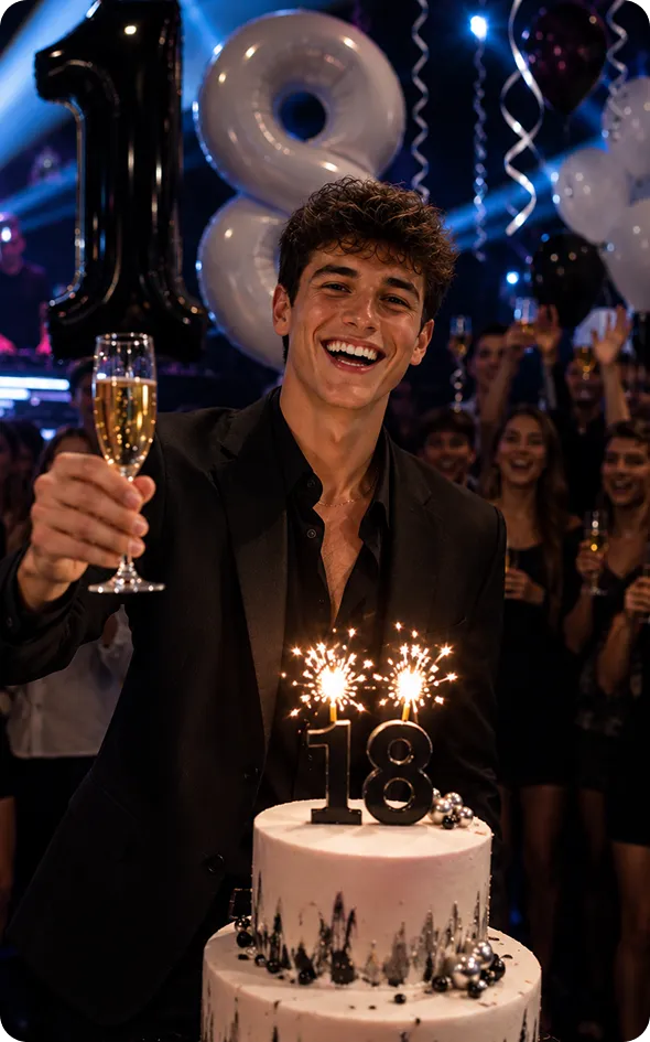 Ragazzo che festeggia i 18 anni con torta e brindisi