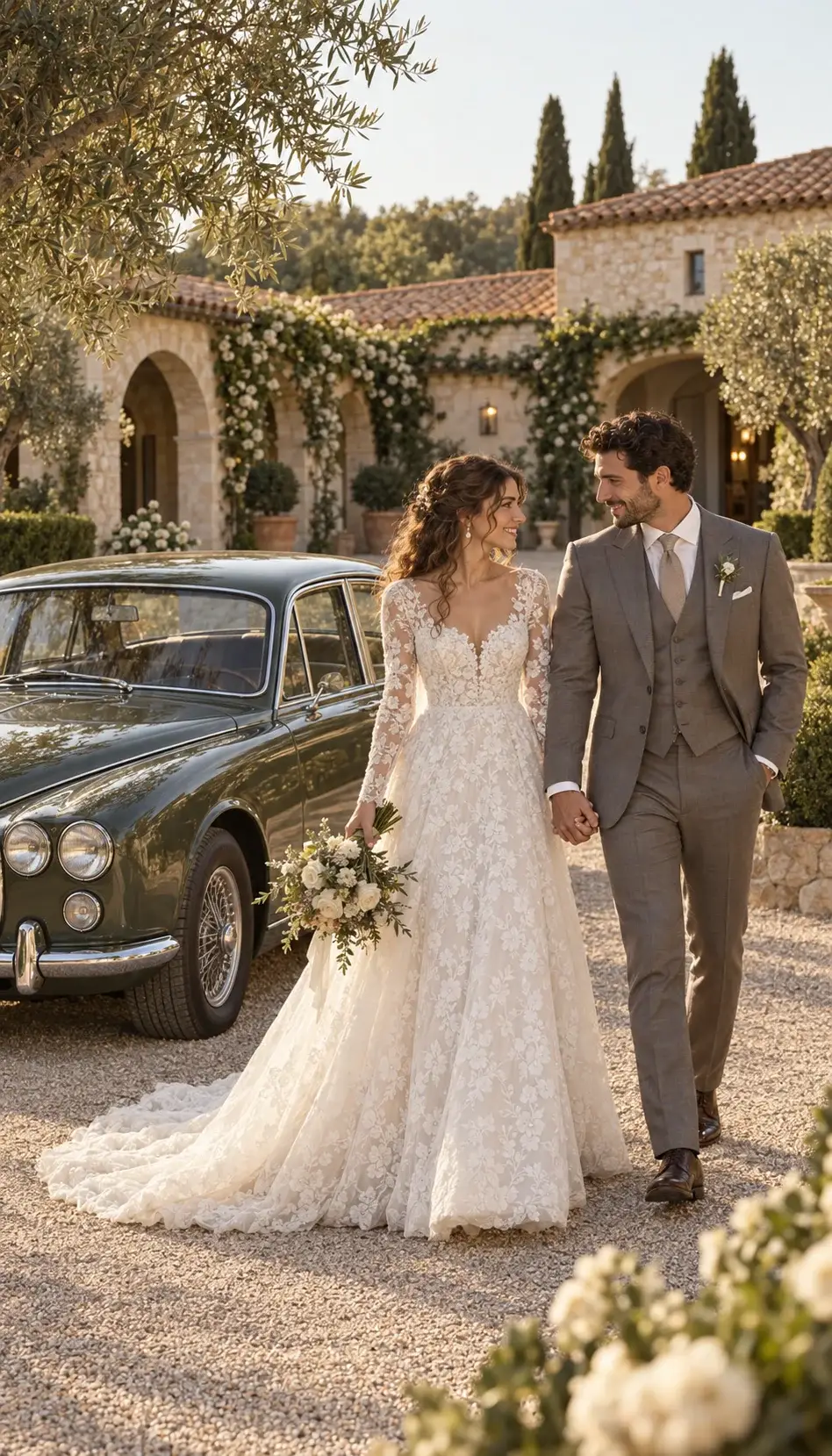 Sposi che passeggiano davanti a una villa con auto d'epoca